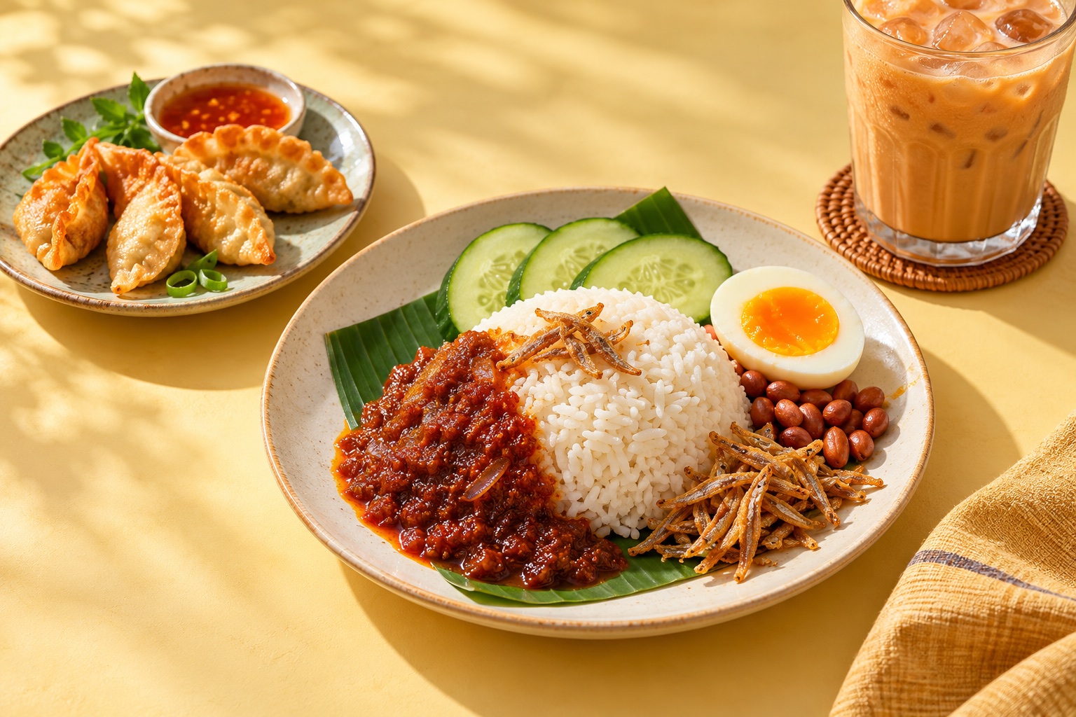 Nasi lemak, golden dumplings and iced milk tea on a warm yellow table